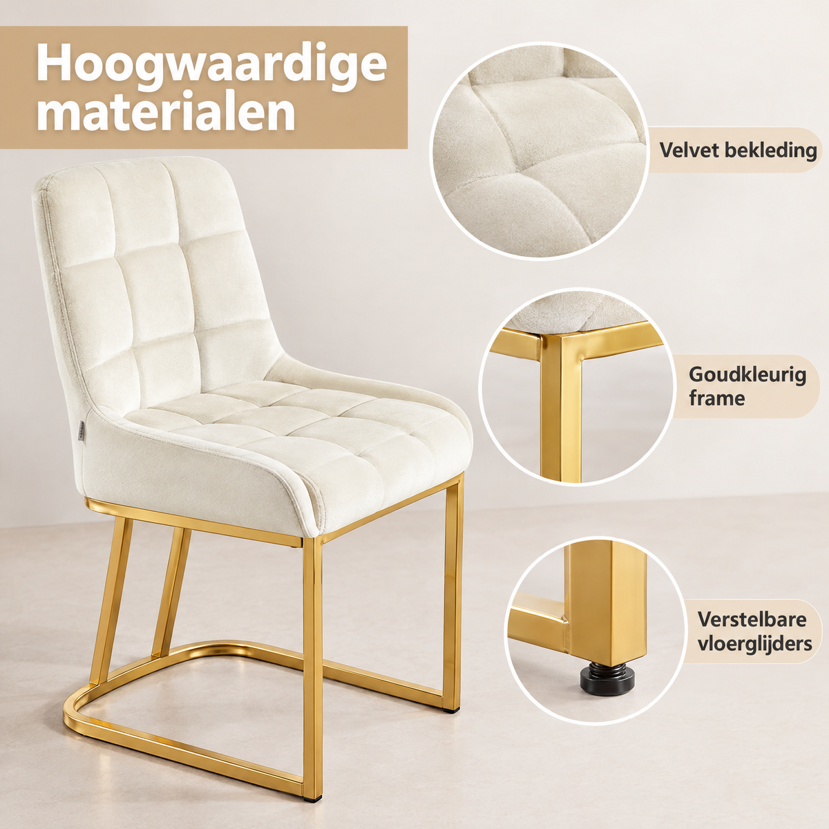 Detail van materiaal en afwerking van velvet eetkamerstoelen