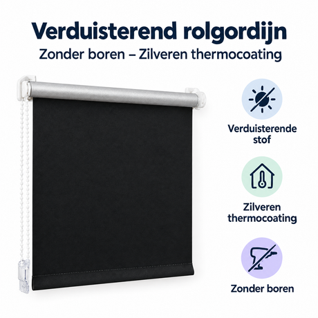 Verduisterend rolgordijn van BukkitBow met zilveren thermocoating, zonder boren, geschikt voor verduistering en warmte-isolatie.
