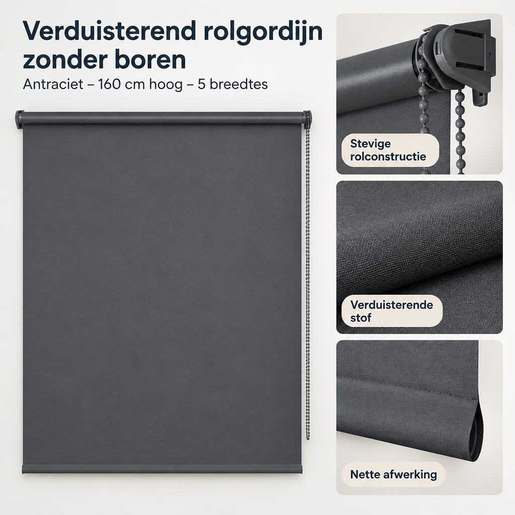 Detail van materiaal en afwerking van verduisterend rolgordijn zonder boren
