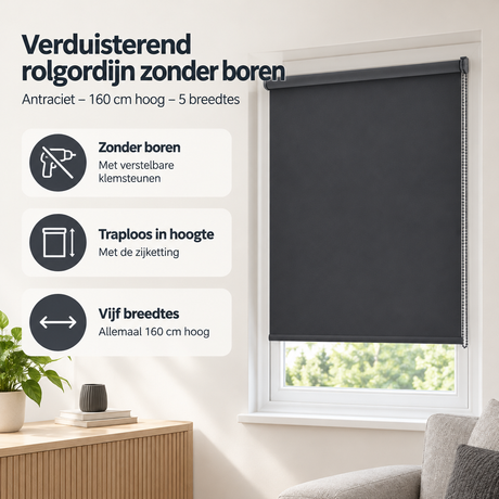Verduisterend rolgordijn zonder boren in antraciet, 160 cm hoog, geschikt voor verschillende breedtes, van BukkitBow.