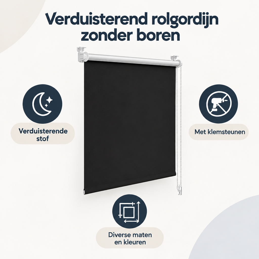 Overzicht van verduisterend rolgordijn zonder boren met de belangrijkste productvoordelen