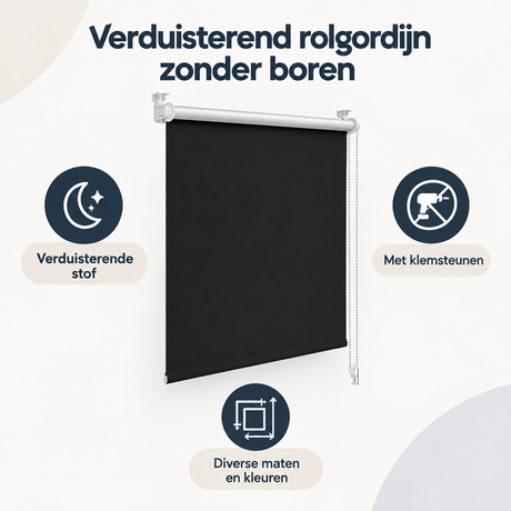 Overzicht van verduisterend rolgordijn zonder boren met de belangrijkste productvoordelen