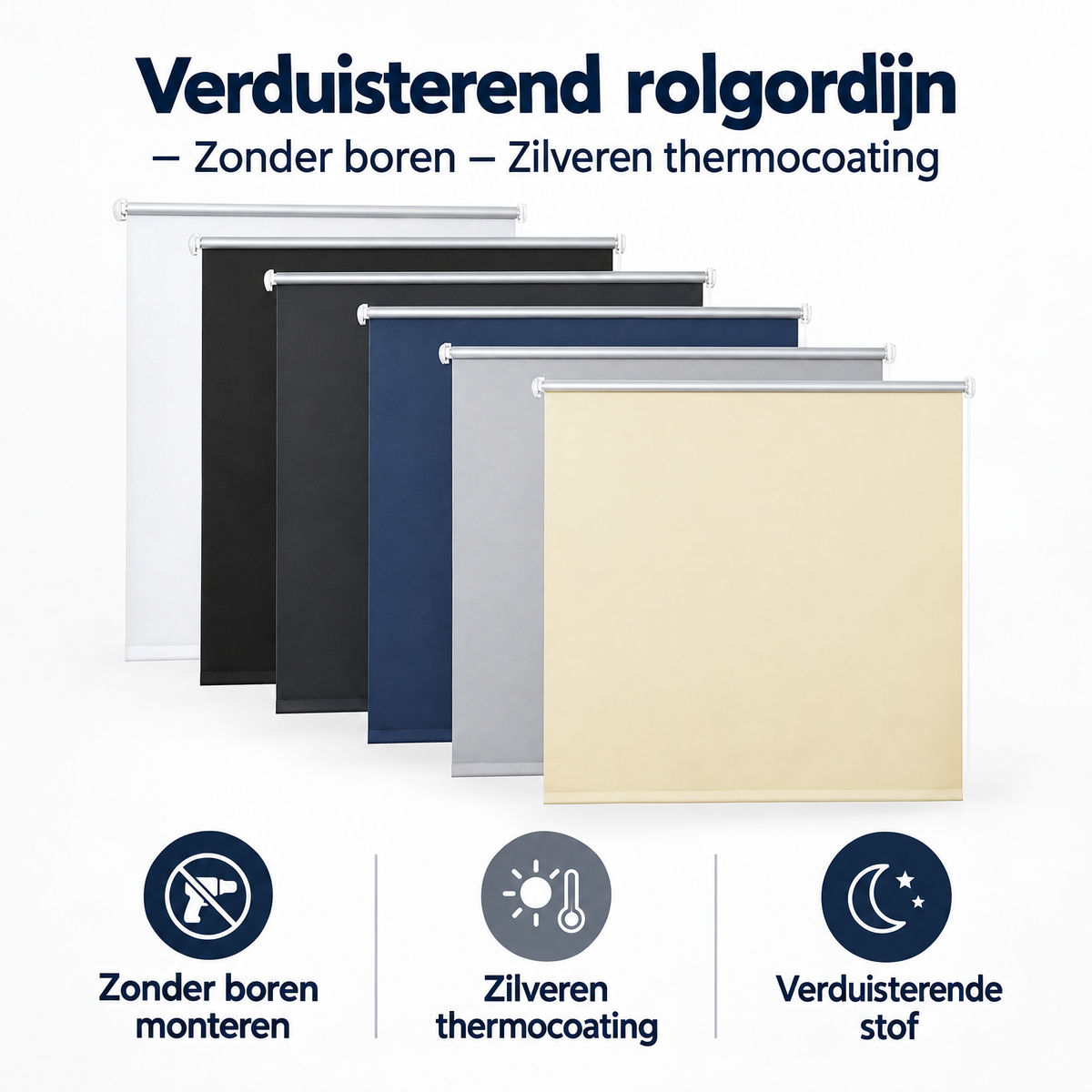 Overzicht van verduisterend rolgordijn zonder boren met de belangrijkste productvoordelen