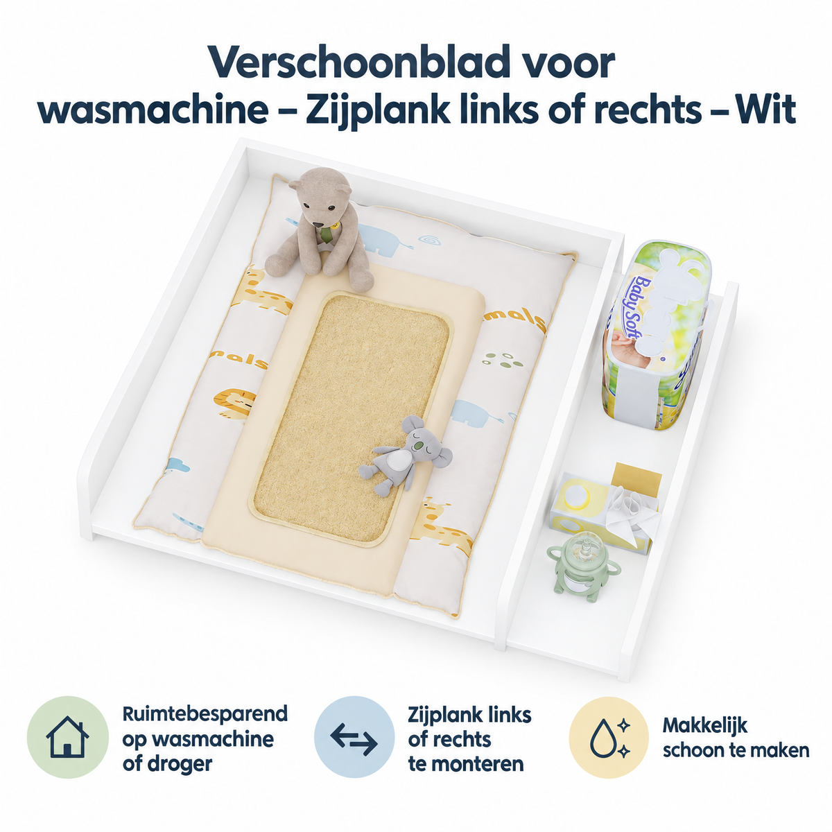 Wit verschoonblad voor wasmachine, zijplank links of rechts, BukkitBow verschoonopzetstuk, zichtbaar in de afbeelding