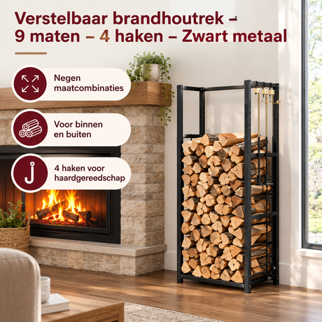 Verstelbaar brandhoutrek van zwart metaal met 9 maten en 4 haken, ideaal voor het organiseren van brandhout.
