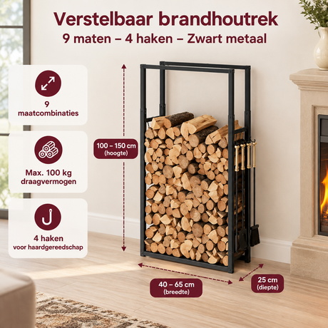 Verstelbaar brandhoutrek van BukkitBow in zwart metaal, 9 maten en 4 haken voor houtopslag en organisatie.