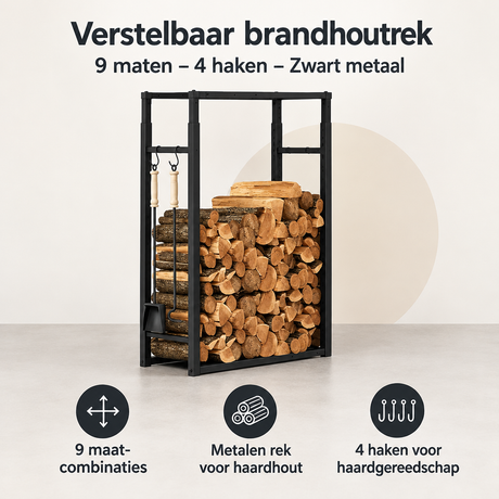 Verstelbaar zwart metaal brandhoutrek van BukkitBow met 9 maten en 4 haken, ideaal voor houtopslag en organisatie.