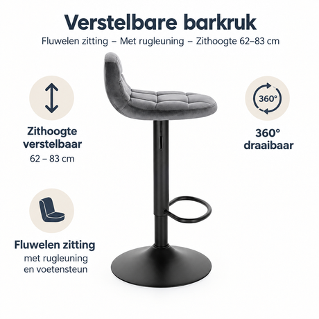 Verstelbare barkruk van BukkitBow met fluwelen zitting en rugleuning, zithoogte 62-83 cm, geschikt voor bar of keuken.
