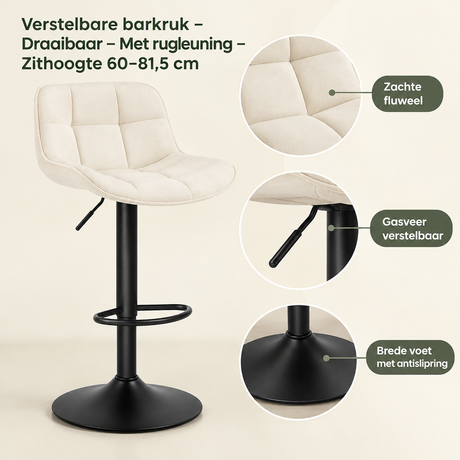 Verstelbare BukkitBow barkruk met draaibaar zitting en rugleuning, zithoogte 60-81,5 cm, geschikt voor bar of keuken.