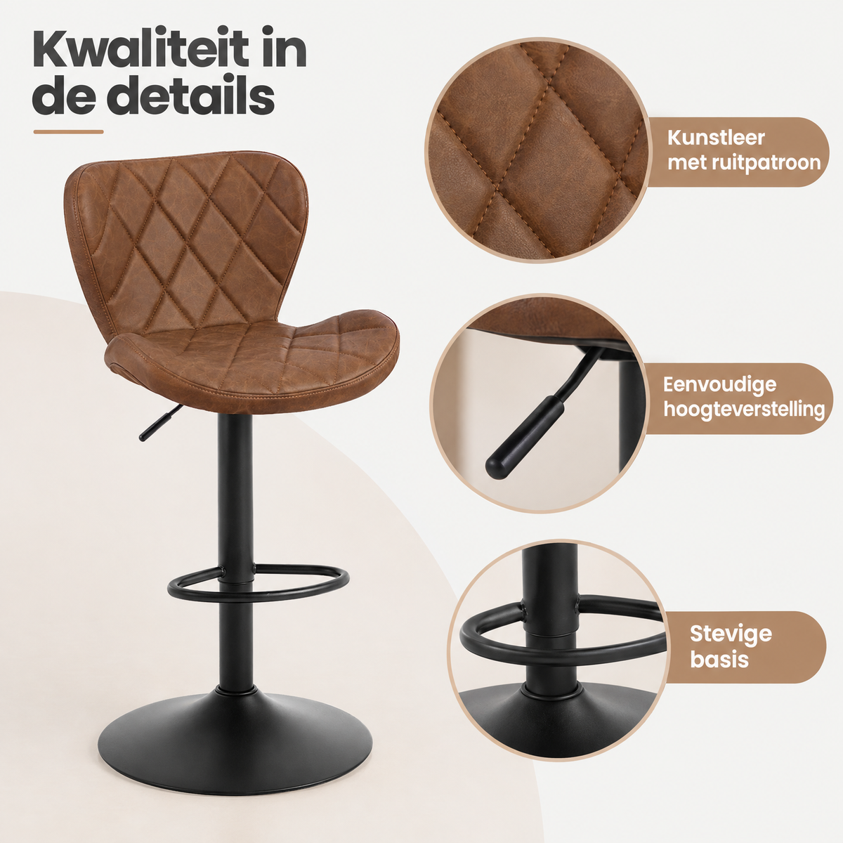Detail van materiaal en afwerking van verstelbare barkruk