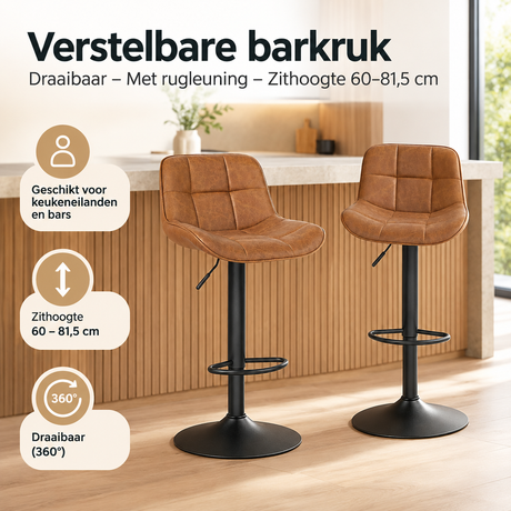 Verstelbare draaibare barkruk met rugleuning, zithoogte 60-81,5 cm, in een moderne keuken of baromgeving.
