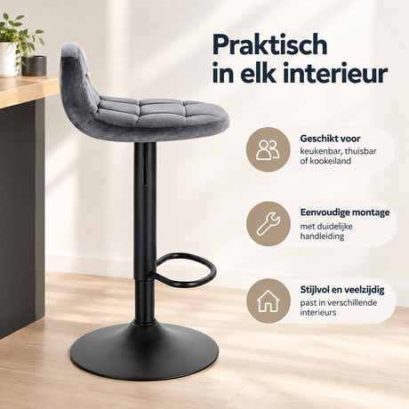 Verstelbare barkruk van BukkitBow met fluwelen zitting en rugleuning, zithoogte 62-83 cm, elegante en comfortabele barkstuk.
