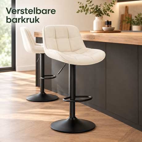 Verstelbare barkruk van BukkitBow met draaibare zitting en rugleuning, zithoogte 60-81,5 cm, geschikt voor bar en keuken.