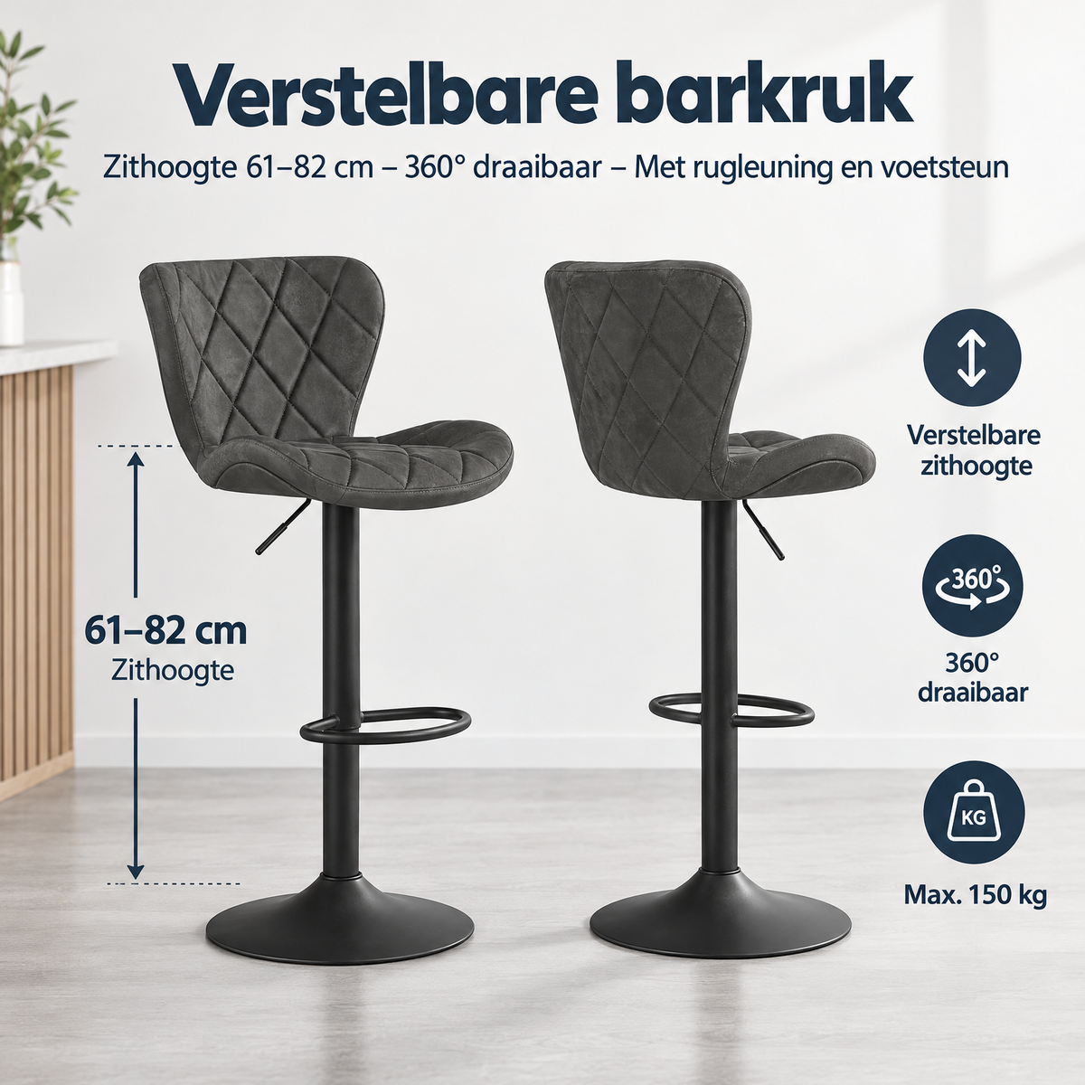 Afmetingen en productspecificaties van verstelbare barkruk
