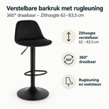 Verstelbare barkruk met rugleuning van BukkitBow, 360° draaibaar, zithoogte 62-83,5 cm, geschikt voor bar en keuken.
