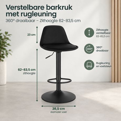 Verstelbare barkruk met rugleuning van BukkitBow, 360° draaibaar en in hoogte verstelbaar van 62 tot 83,5 cm.