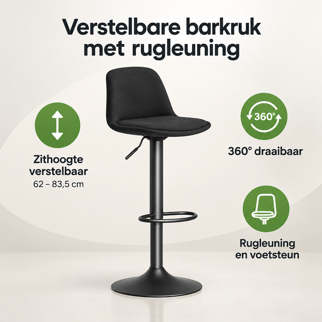 Verstelbare barkruk met rugleuning van BukkitBow, 360° draaibaar en in hoogte verstelbaar van 62 tot 83,5 cm.