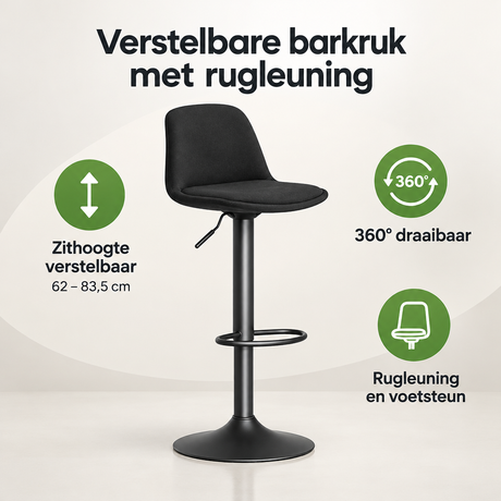 Verstelbare barkruk met rugleuning van BukkitBow, 360° draaibaar en in hoogte verstelbaar van 62 tot 83,5 cm.