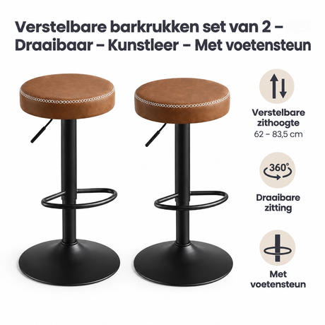 Set van 2 verstelbare barkrukken van BukkitBow met draaibaar kunstlederen zitvlak en handige voetensteun.