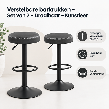 Set van 2 verstelbare barkrukken van BukkitBow met draaibare zitting en kunstlederen bekleding, geschikt voor ontbijt- of keukeneilanden.