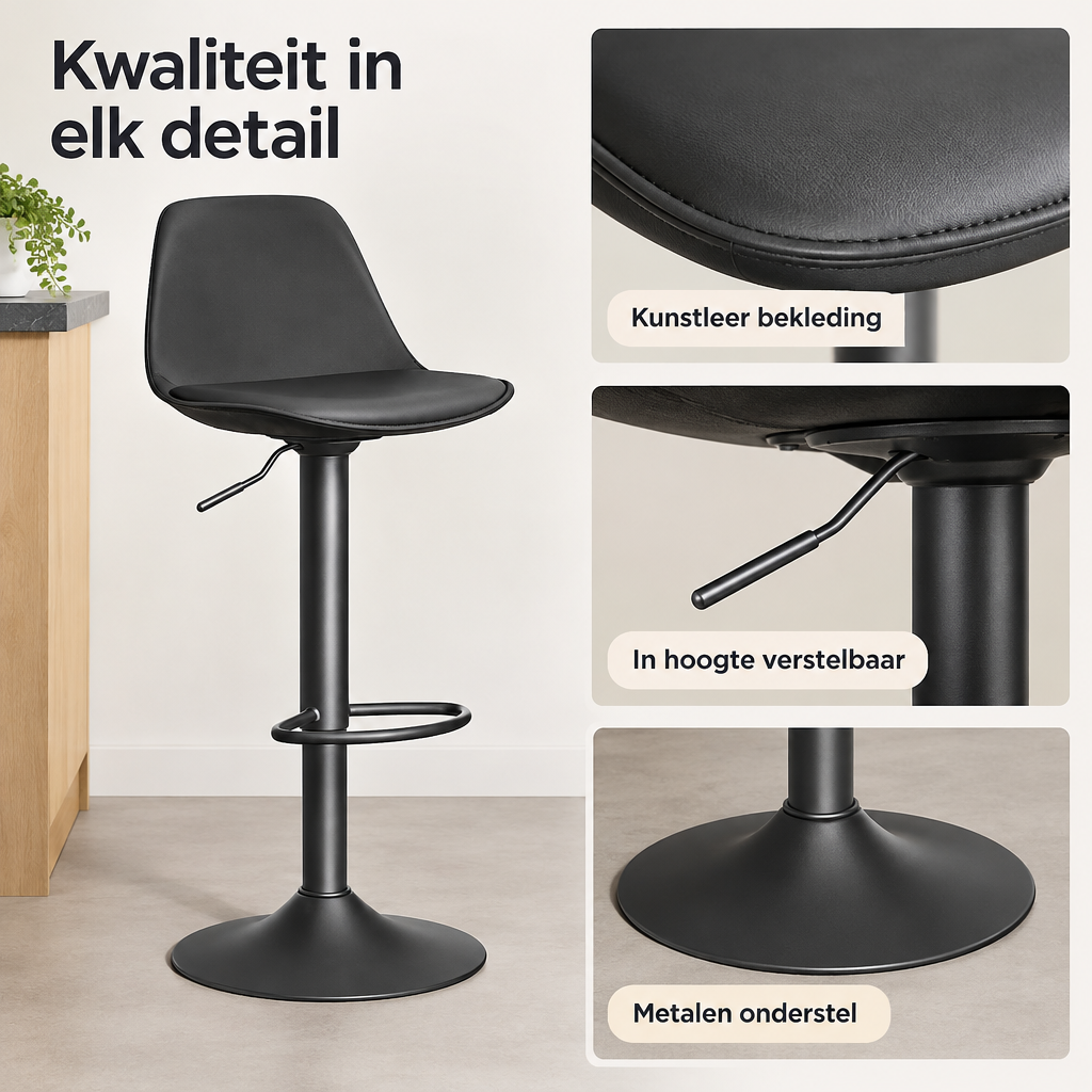 Detail van materiaal en afwerking van verstelbare barkrukken set van 2