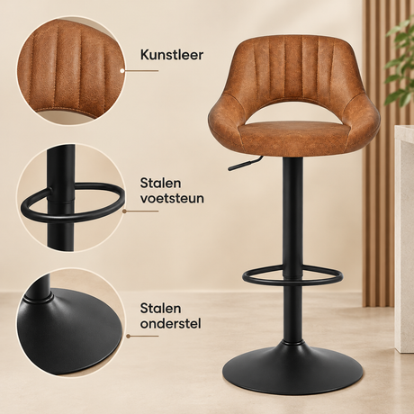 Set van 2 verstelbare barkrukken van BukkitBow met rugleuning, zithoogte 61,5-83,5 cm, detail van het materiaal.
