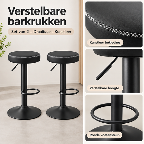 Set van 2 verstelbare barkrukken van BukkitBow, draaibaar met kunstlederen zitting en moderne uitstraling.