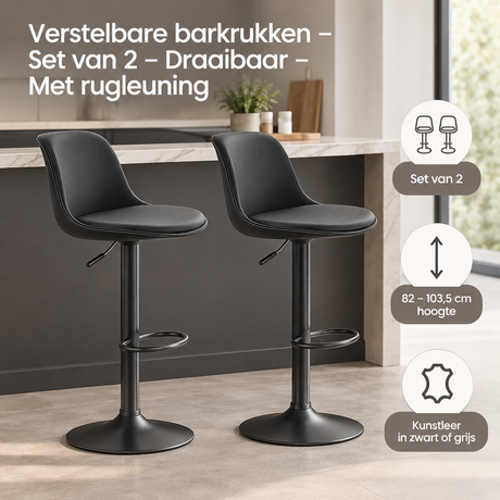 Set van 2 verstelbare barkrukken van BukkitBow met draaibare zitting en rugleuning, geschikt voor bar en keuken.