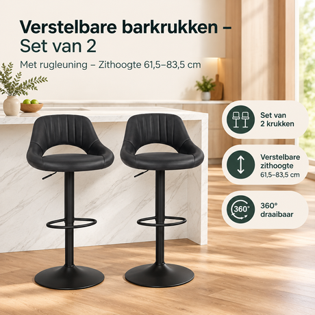 Set van 2 verstelbare barkrukken van BukkitBow met rugleuning, zithoogte 61,5-83,5 cm, geschikt voor moderne keukens.