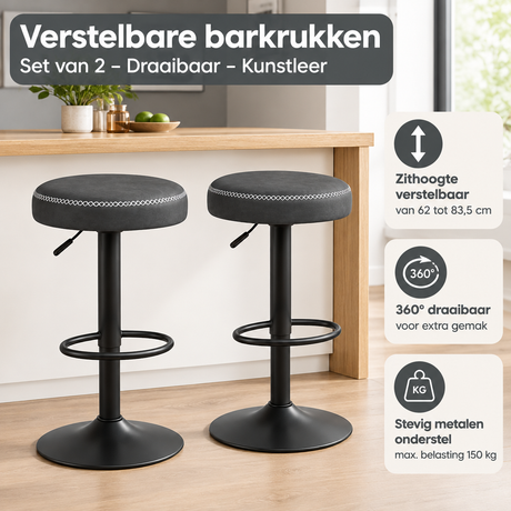 Set van 2 verstelbare barkrukken van BukkitBow met draaibaar kunstlederen zitting en praktische hoogte-instelling