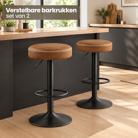 Set van 2 verstelbare barkrukken van BukkitBow met draaibare zitting, kunstleer en voetensteun, geschikt voor bar en keuken.