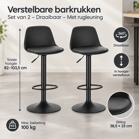 Set van 2 verstelbare barkrukken van BukkitBow met draaibare zitting en rugleuning, geschikt voor bar en keuken.