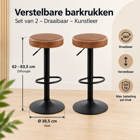 Set van 2 verstelbare barkrukken van BukkitBow met draaibare zitting en kunstlederen bekleding, geschikt voor hoge zitplaatsen.