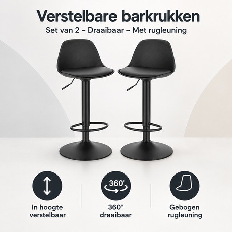 Set van 2 verstelbare barkrukken van BukkitBow, draaibaar met rugleuning, geschikt voor eetkamers en bars.