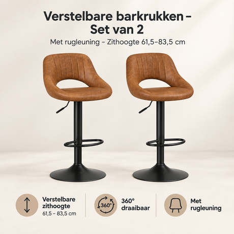 Set van 2 verstelbare barkrukken van BukkitBow met rugleuning, zithoogte 61,5-83,5 cm, geschikt voor bar of keuken.