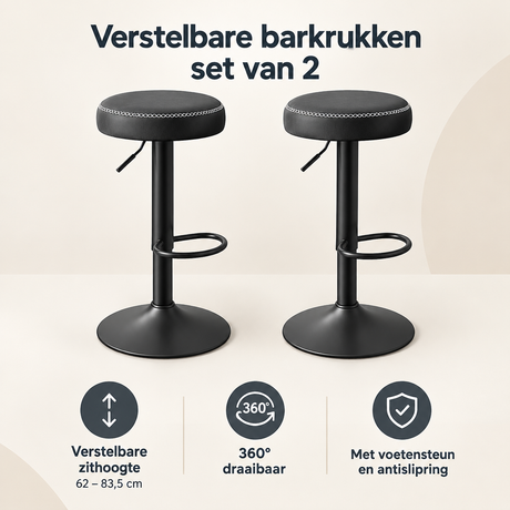 Set van 2 verstelbare barkrukken van BukkitBow, draaibaar met kunstlederen zitting en voetensteun.