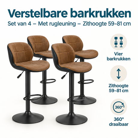 Set van 4 verstelbare barkrukken van BukkitBow met rugleuning, zithoogte 59-81 cm, geschikt voor bar of keukenruimte.