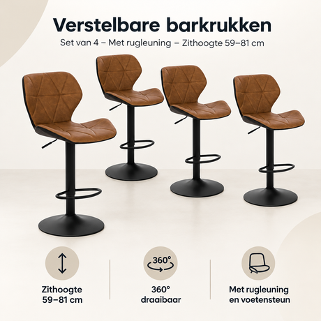 Set van 4 verstelbare barkrukken van BukkitBow met rugleuning, zithoogte 59-81 cm, geschikt voor bar en keuken.