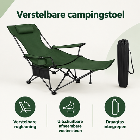 Overzicht van verstelbare campingstoel met de belangrijkste productvoordelen