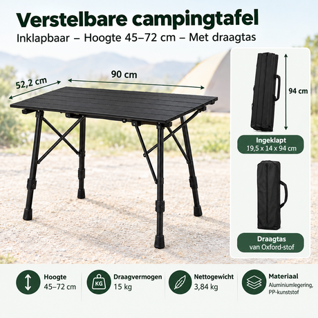 Afmetingen en productspecificaties van verstelbare campingtafel