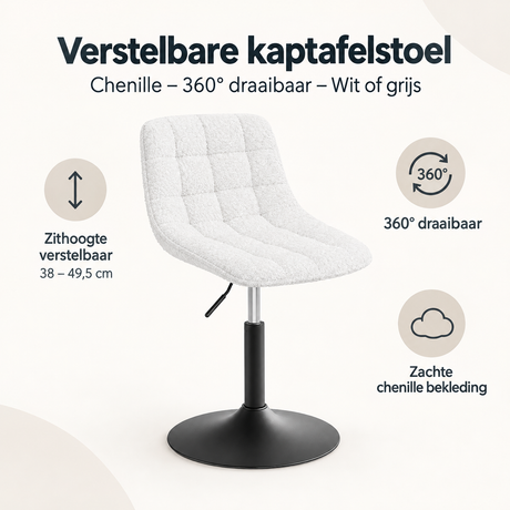 Overzicht van verstelbare kaptafelstoel met de belangrijkste productvoordelen