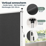 Detail van materiaal en afwerking van verticaal zonnescherm zonder boren
