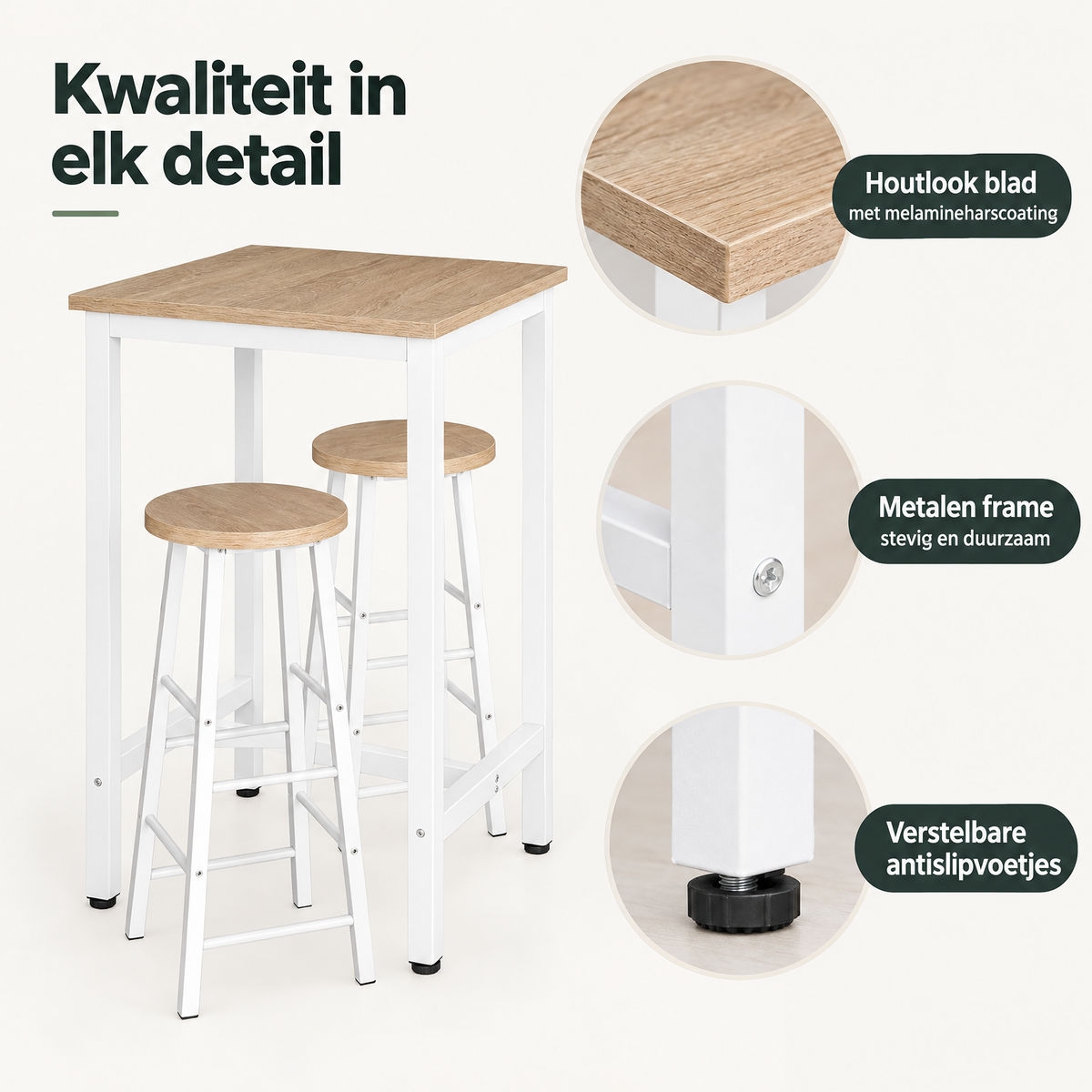 Detail van materiaal en afwerking van vierkante bartafel
