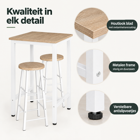 Detail van materiaal en afwerking van vierkante bartafel