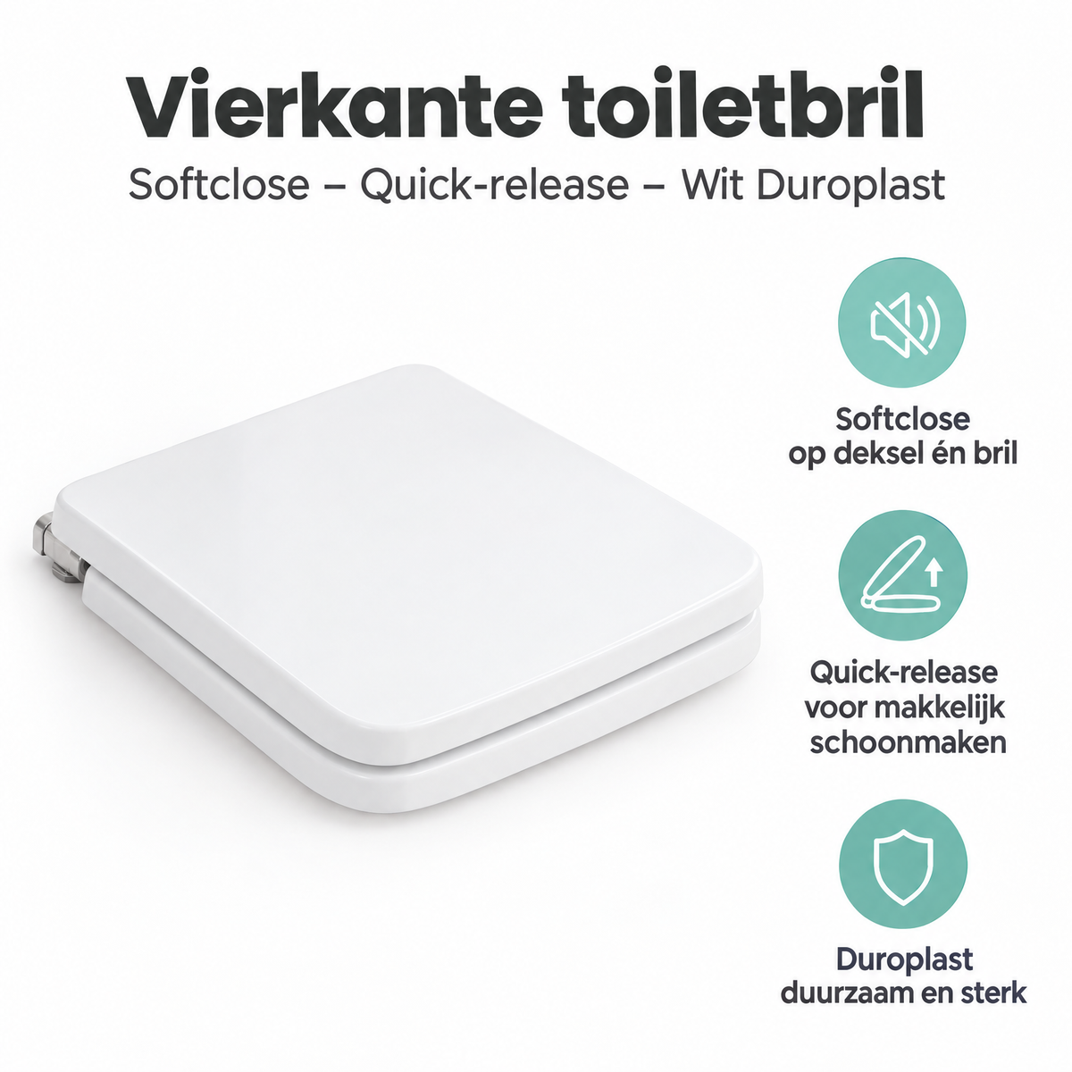 Vierkante witte toiletbril van Duroplast met softclose en quick-release van BukkitBow, geschikt voor hygiënisch en comfortabel gebruik.