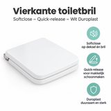 Vierkante witte toiletbril van Duroplast met softclose en quick-release van BukkitBow, geschikt voor hygiënisch en comfortabel gebruik.
