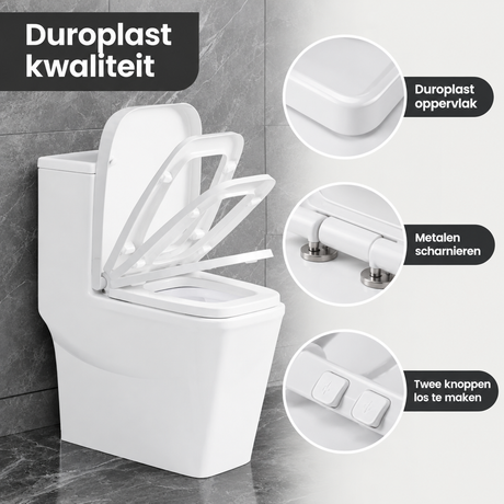 Witte vierkante toiletbril van Duroplast met softclose en quick release voor eenvoudige reiniging, van BukkitBow.