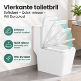 Vierkante witte toiletbril van Duroplast met softclose en quick-release van BukkitBow, praktische en comfortabele toiletaccessoire