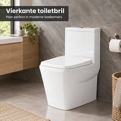 Witte vierkante toiletbril van BukkitBow met softclose en quick release, gemaakt van Duroplast, op toilet gemonteerd.
