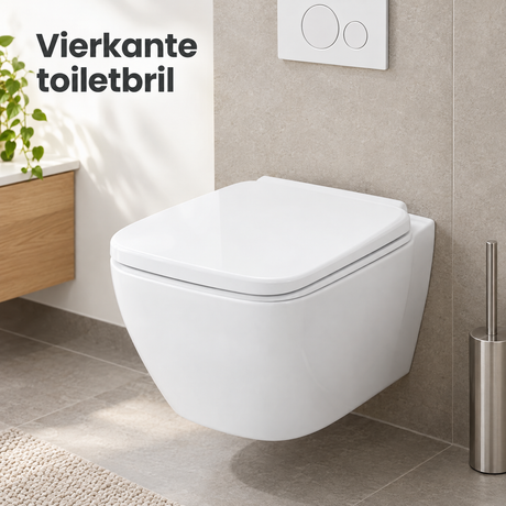 Witte vierkante toiletbril van Duroplast met softclose en quick-release van BukkitBow, getoond in gebruik.